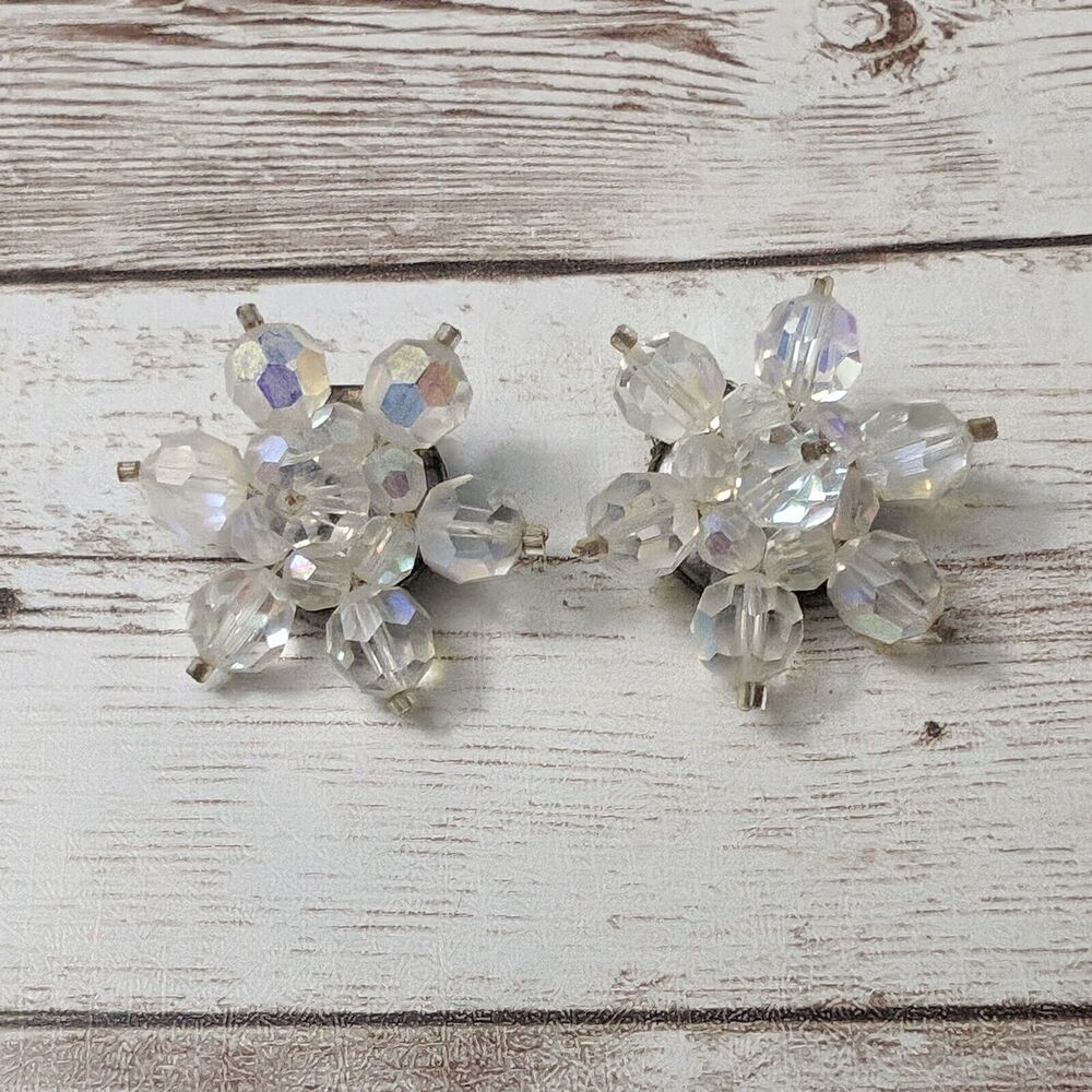 Vintage Clip On Earrings - Iridescent Flower Just Over 1.25"